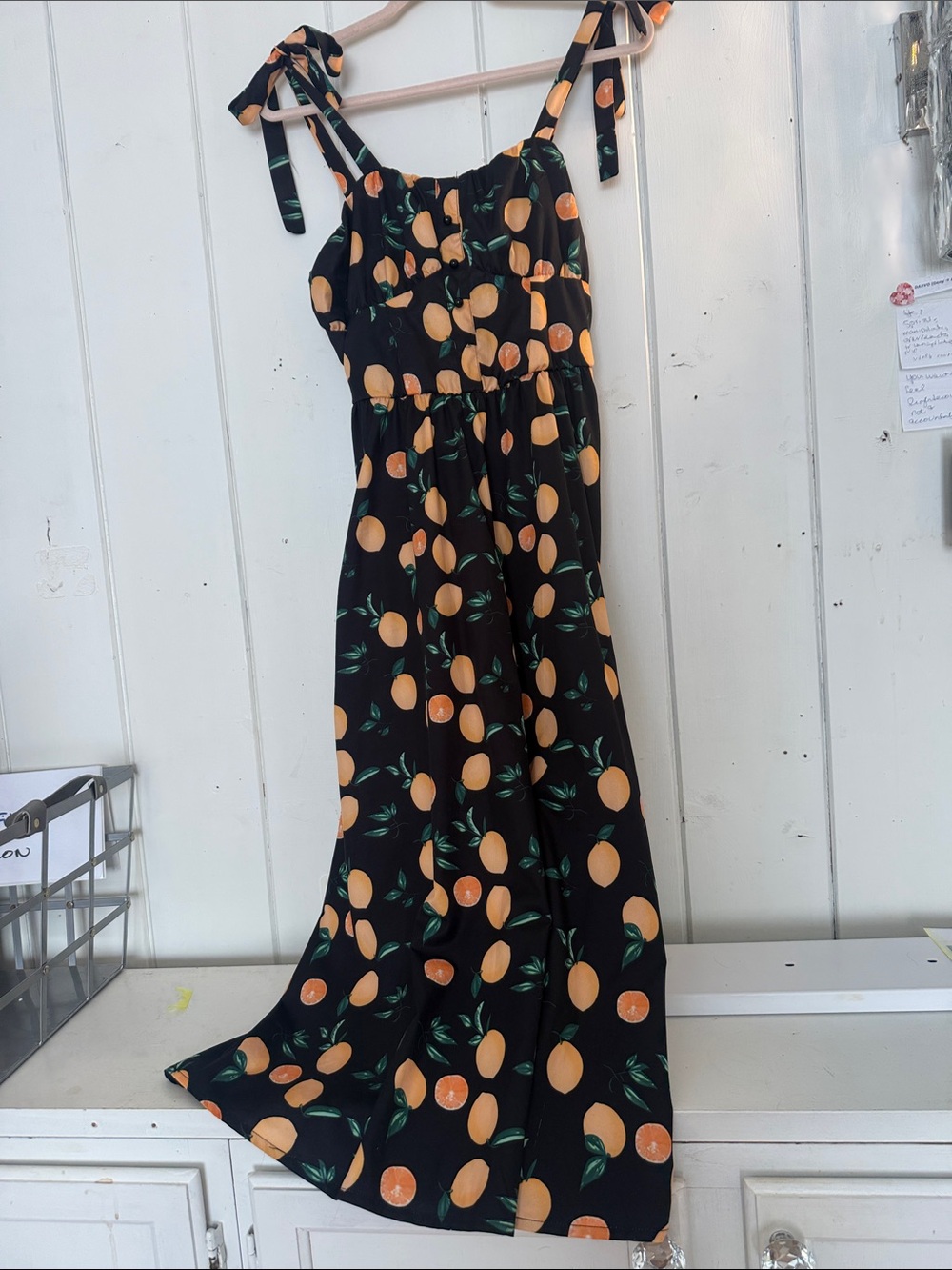 Black Maxi Dress with Orange Fruit Print and Tie Straps